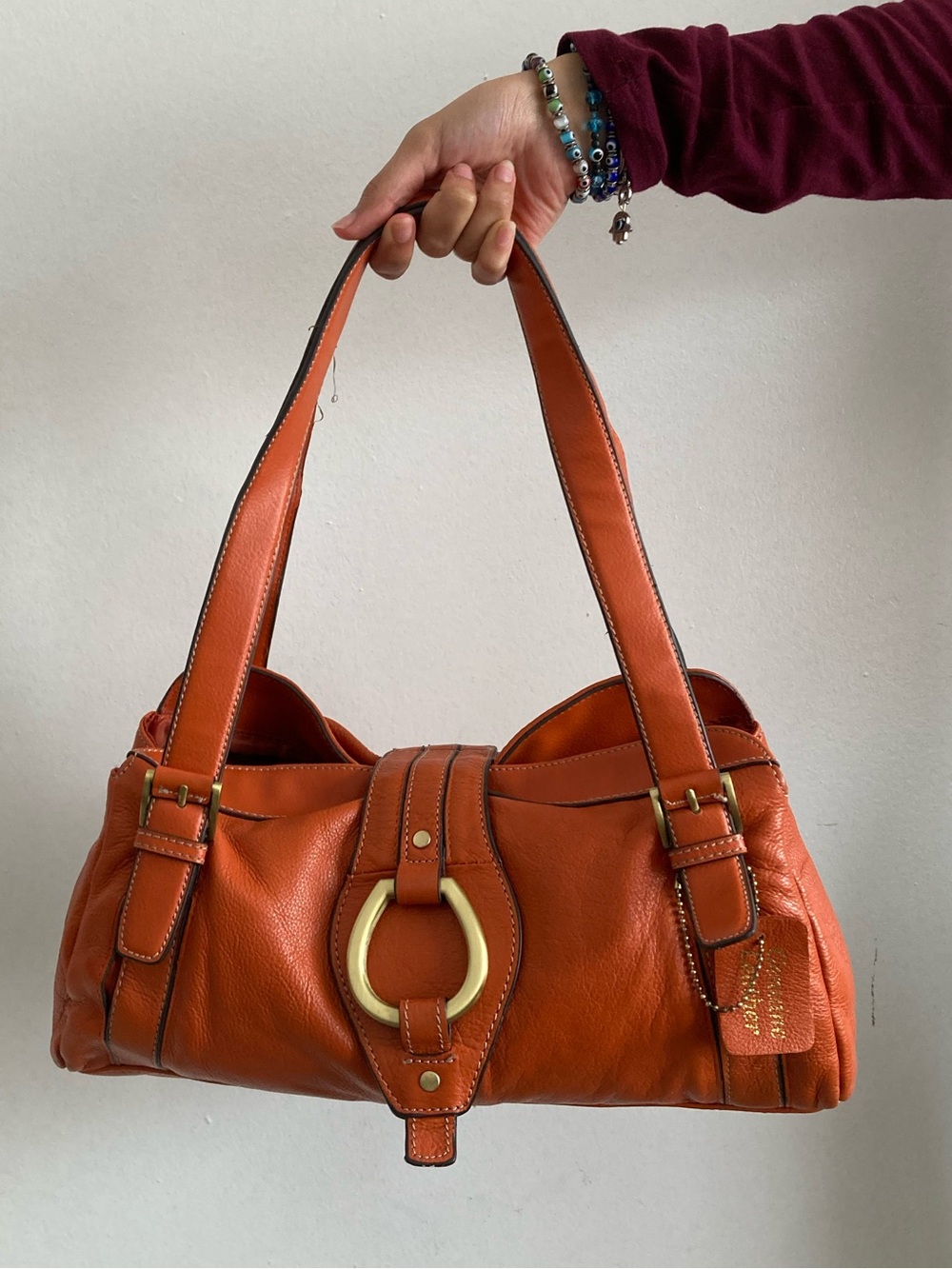 Hillard & Hanson Orange Leather Shoulder Bag with Gold Ring Accent